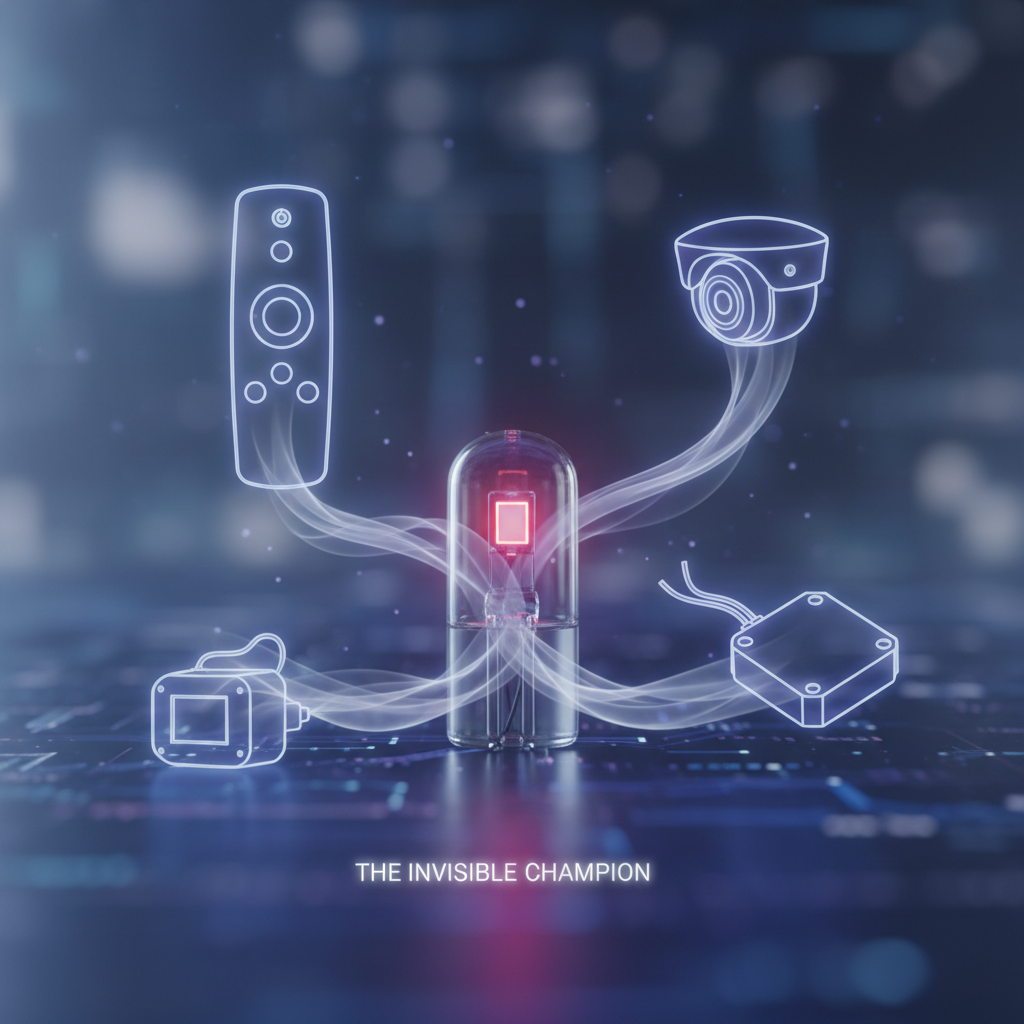 一个微型但散发着隐约红光的红外LED灯珠作为中心,周围环绕着智能家居遥控器、安防摄像头和工业传感器等设备的半透明轮廓,由不可见的红外光束连接,象征其“隐形冠军”和无处不在的地位。