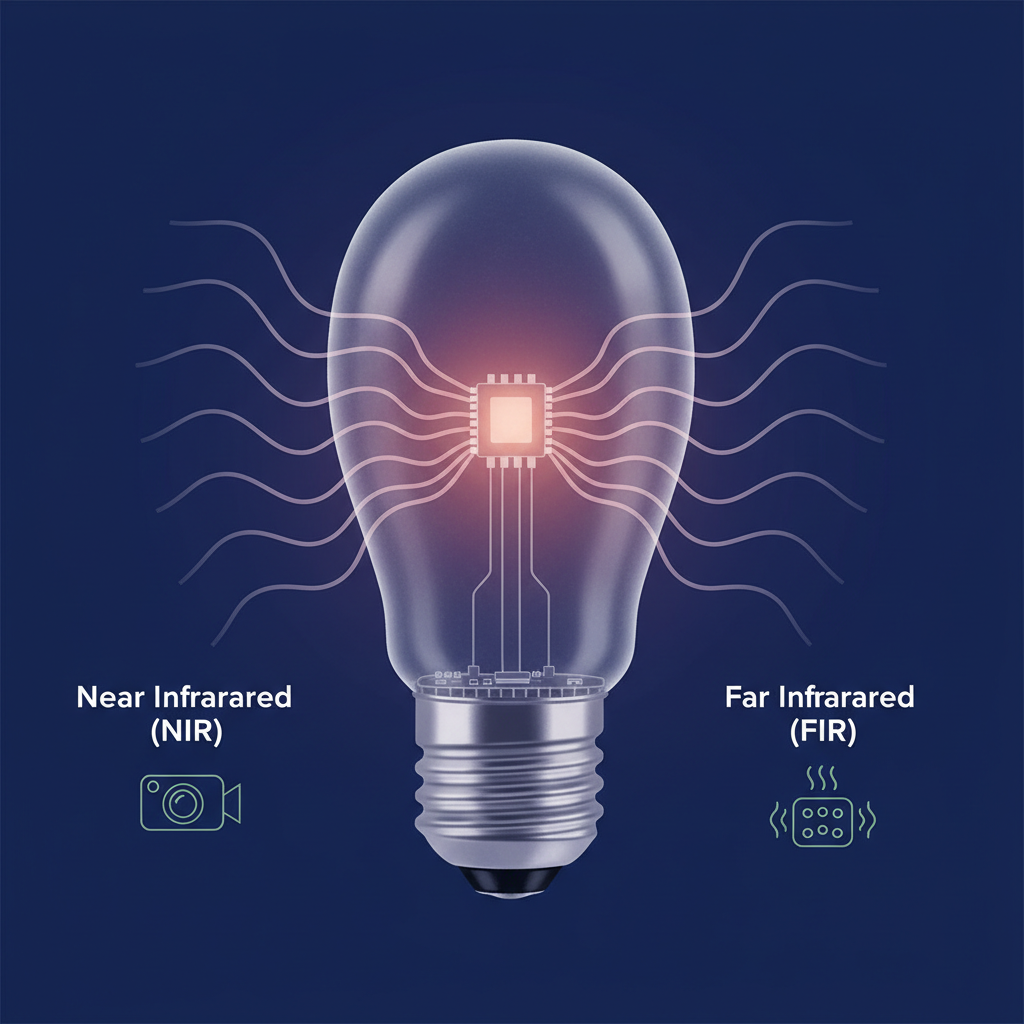 红外灯珠剖面图,展示半导体芯片发光,并向外发出肉眼不可见的红外光束。一侧标注近红外(NIR)及其夜视摄像头应用,另一侧标注远红外(FIR)及其理疗仪应用。