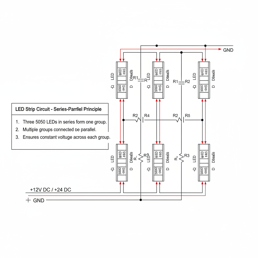 一个简洁的LED灯带电路示意图,展示三颗5050 LED灯珠串联成一组,多组这样的串联单元再并联连接到一个标注为“12V DC”或“24V DC”的电源上,解释串并联供电原理。