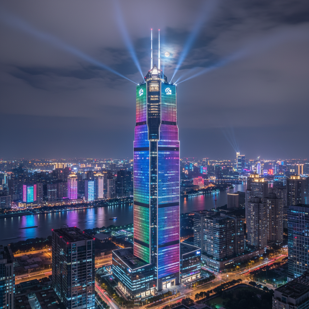 夜晚的城市天际线,一栋高耸的建筑被色彩鲜艳的洗墙灯照亮,轮廓由线条灯勾勒,投光灯突出顶部和局部细节,共同构成璀璨的城市夜景。