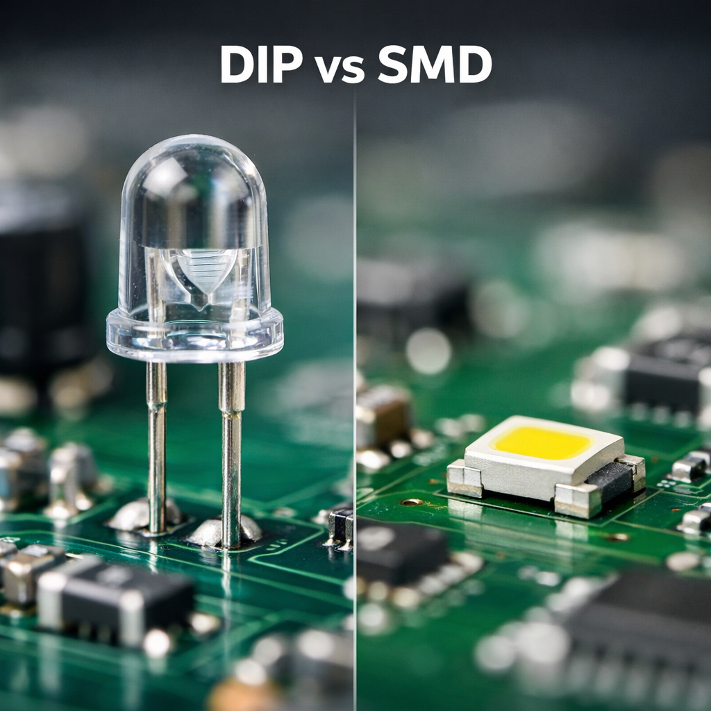 直插LED灯珠（DIP）与SMD贴片灯珠的封装方式及外观对比图，展示两者在尺寸和引脚上的显著差异。