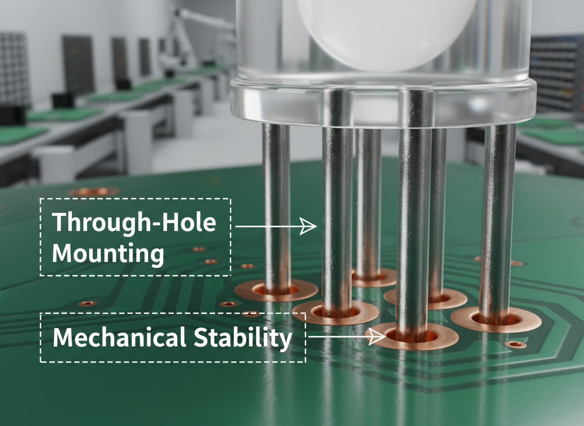 直插式LED（Through-Hole LED）引脚穿过PCB电路板的特写，展示其优异的机械稳定性和结构强度