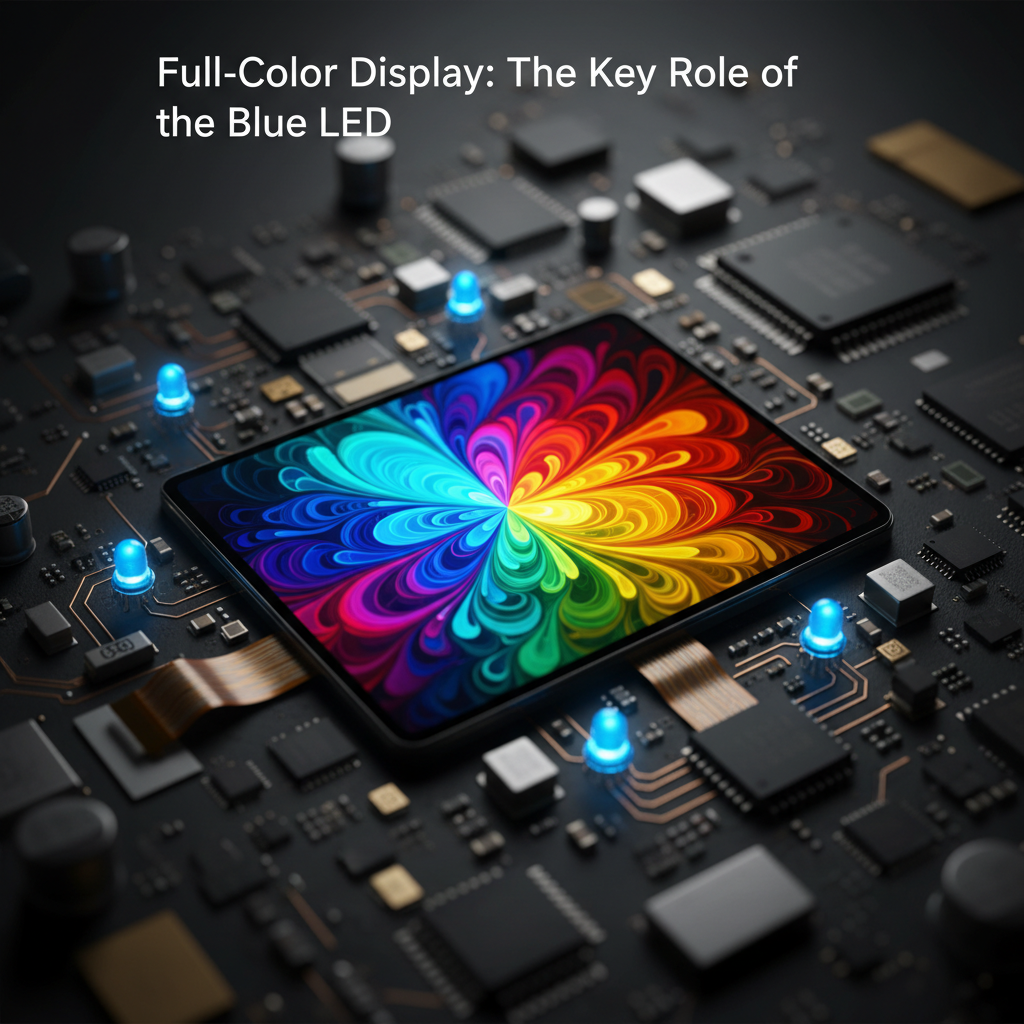 一张智能手机屏幕的特写,屏幕上显示着色彩鲜艳的照片,展示了各种颜色。屏幕周围是各种电子元件,象征着蓝色LED在显示技术中的关键作用。屏幕上方标注着“全彩显示:蓝色LED的关键一环”。