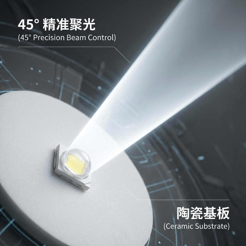 一颗微距拍摄的45°LED发光陶瓷灯珠产品细节图,底座为洁白的氧化铝陶瓷基板,灯珠上方发出清晰的45度锥形聚光光束,背景为深灰色科技感,文字标注:45° 精准聚光,陶瓷基板。