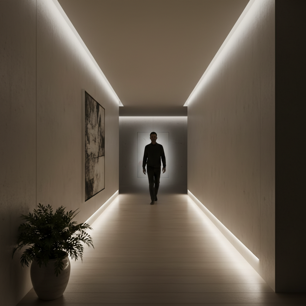 夜晚,一个现代家居环境中,走廊里自动亮起的柔和白光。一人走过,天花板或墙壁内嵌的5050RGB白光LED灯带(“深圳红外感应器5050RGB灯珠白光”)自动感应并点亮,营造出“人来灯亮,人走灯灭”的智能舒适感。