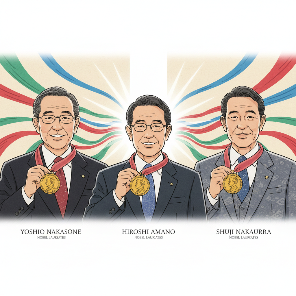 诺贝尔奖获得者赤崎勇、天野浩和中村修二面带微笑手持奖章,背景为红绿蓝光束汇聚成白光的示意图