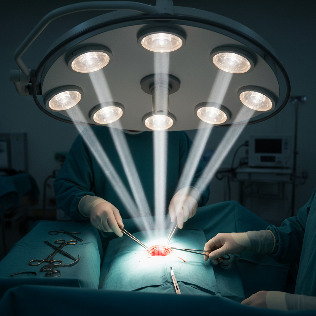 俯视视角,医用无影灯悬于手术创口上方,多束光线从灯盘不同角度射出,汇聚于中心,一只手或器械遮挡部分光线,但创口仍明亮无影,凸显“无影”原理。