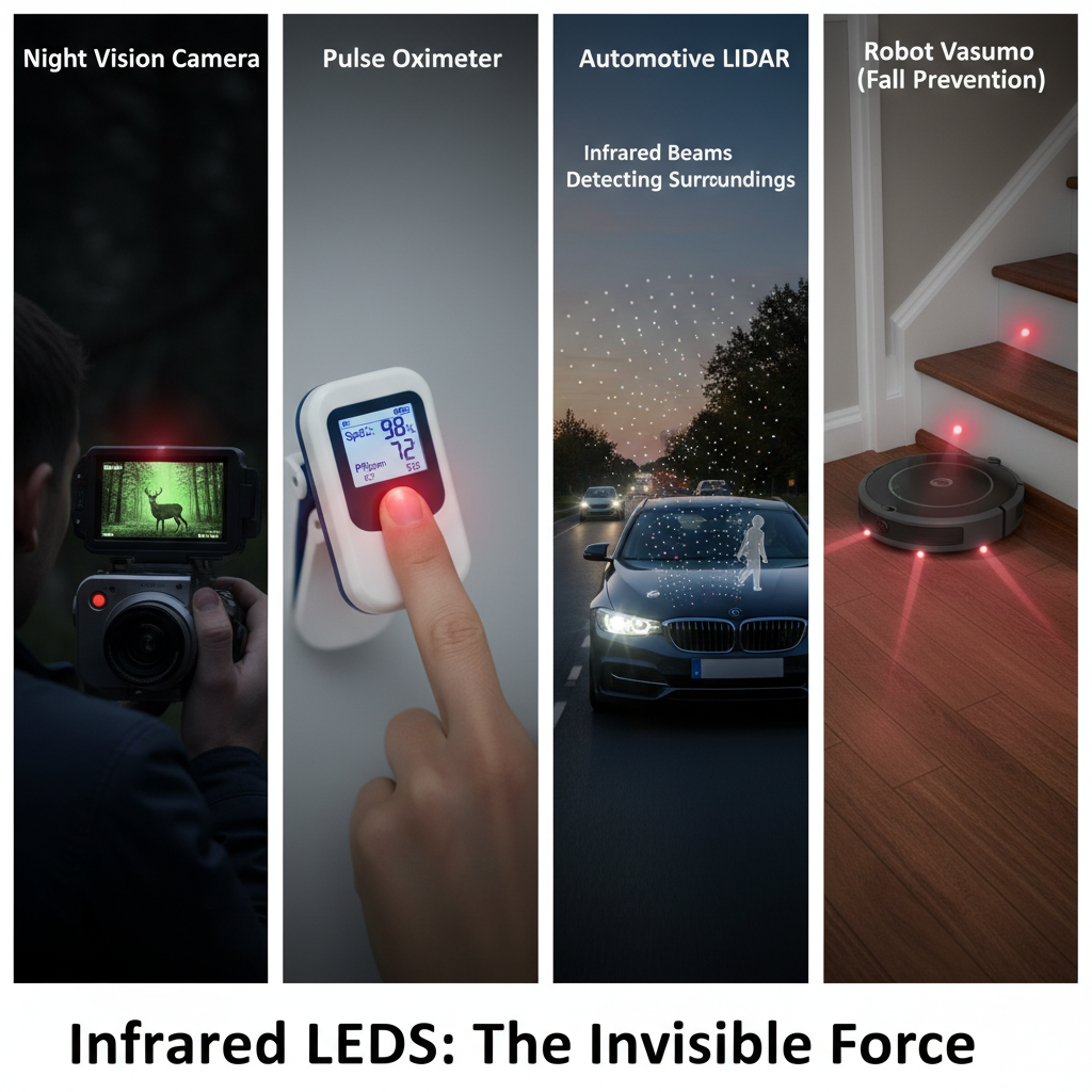 四宫格拼贴图展示IR LED在夜视摄像头、脉搏血氧仪、汽车LiDAR系统和扫地机器人防跌落等领域的广泛应用。