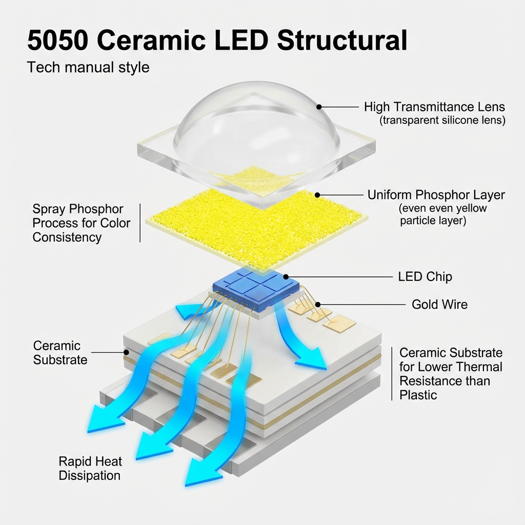 5050陶瓷灯珠的内部封装结构示意图,展示了从高透光率硅胶透镜到陶瓷基板的详细组件及散热路径。