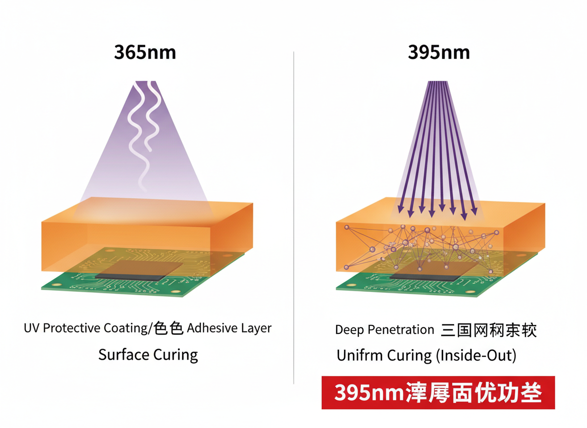 395nm波长穿透力示意图,对比365nm和395nm紫外线固化深度,展示395nm在厚胶层或有色材料中实现深层固化的优势。