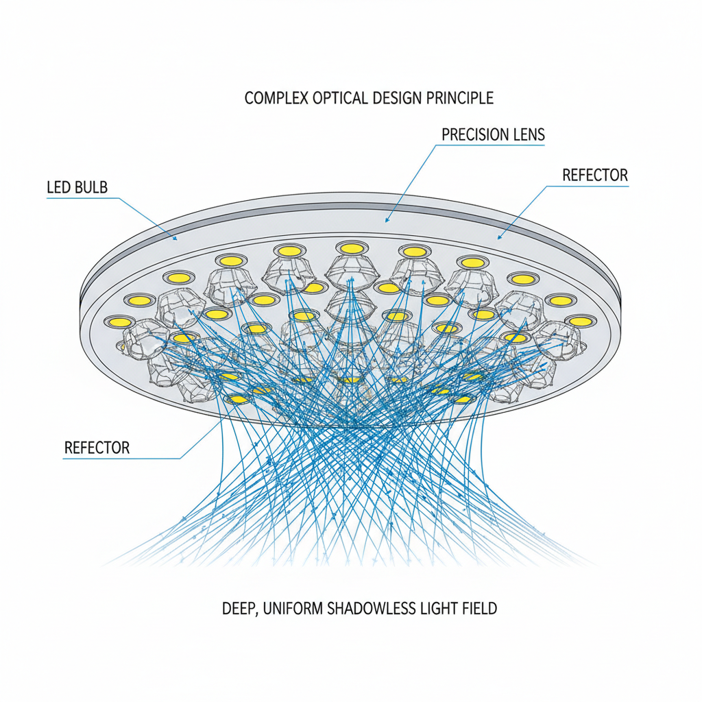 医用无影灯灯头内部剖面图,突出每个LED灯珠与精密透镜。光线从LED发出,经透镜和反射器精确导向,形成深邃、均匀的无影光场,展现复杂光学设计原理。