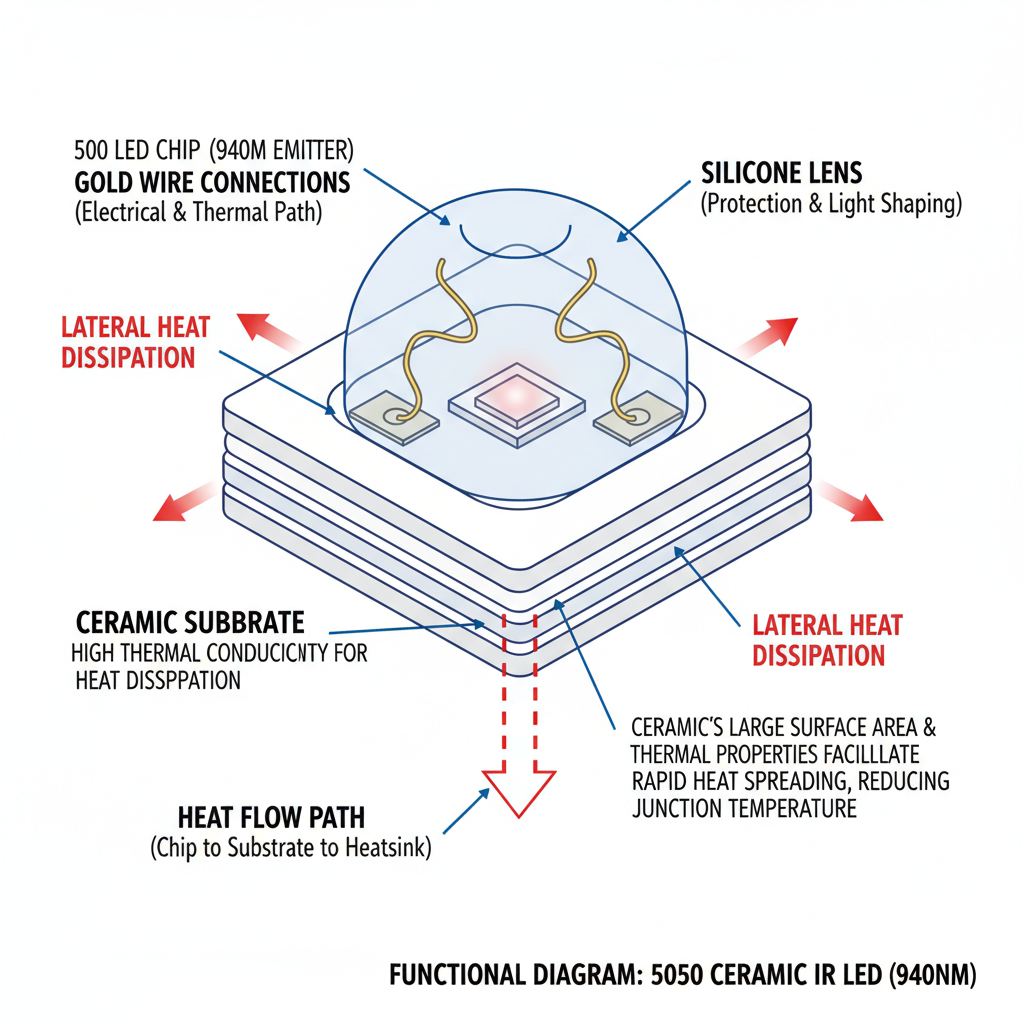 技术图解展示5050陶瓷红外IR940NM灯珠内部结构,清晰可见陶瓷基板、LED芯片、金线及封装,突出陶瓷基板卓越导热路径,有效导出芯片热量,确保灯珠高效散热。