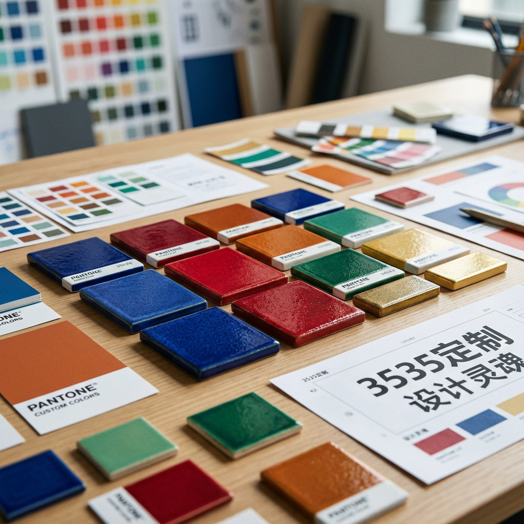 高品质的3535陶瓷芯片特写摄影图，展示了经过特殊定制的陶瓷色块，颜色涵盖了深邃钴蓝、鲜艳宝石红以及高难度的潘通定制色。这些色块具有细腻的陶瓷质感，光线下呈现出微弱的莹润光泽。色块整齐地排列在极简主义的设计师工作台上，旁边散落着几张专业的色卡和一份带有‘3535定制’字样的设计稿。背景柔和虚化，旨在突出色彩作为‘设计灵魂’和‘产品价值体现’的核心概念。