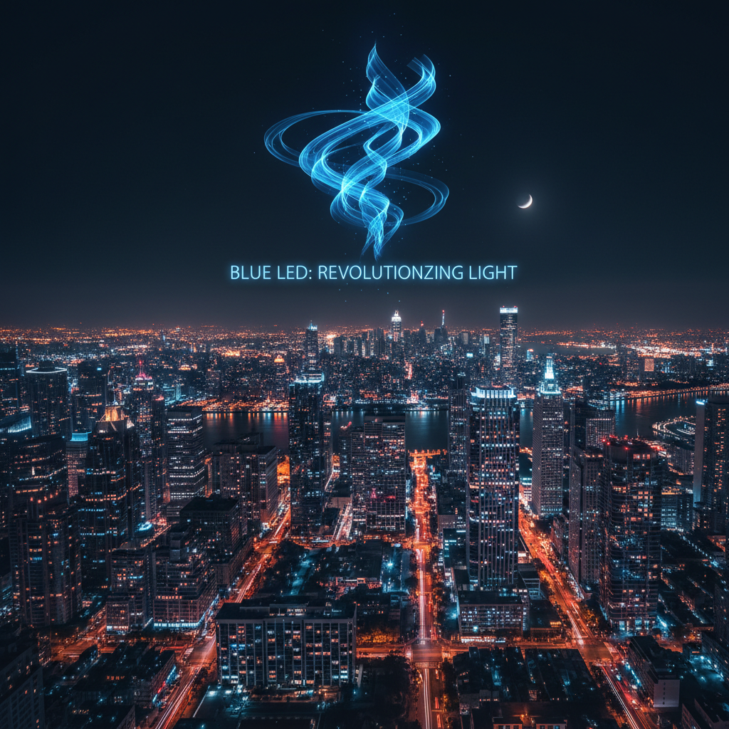夜晚城市全景,璀璨的LED灯光点亮高楼大厦和街道,抽象蓝光元素暗示蓝光LED对现代照明的革命性贡献