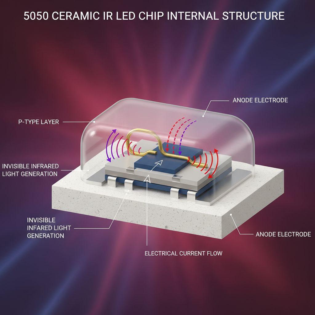 5050陶瓷封装红外LED灯珠的剖面图,展示PN结、电极和陶瓷基板,示意电流通过时产生红外光。