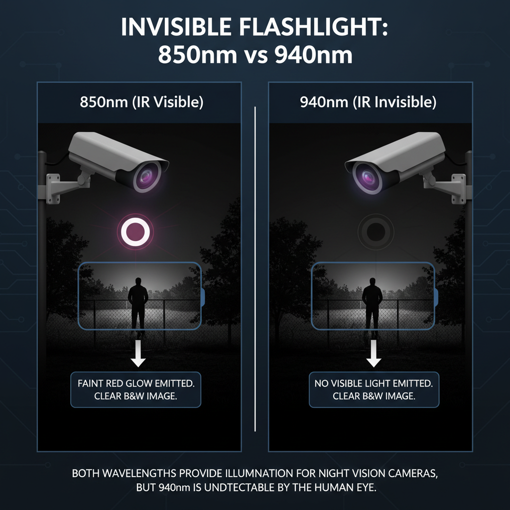 一幅信息图,展示红外补光灯珠的“隐形手电筒”工作原理,以及850nm与940nm两种红外光波长的视觉差异:850nm有微弱可见红光,940nm则完全不可见,但两者都能为摄像头提供清晰的夜视画面。