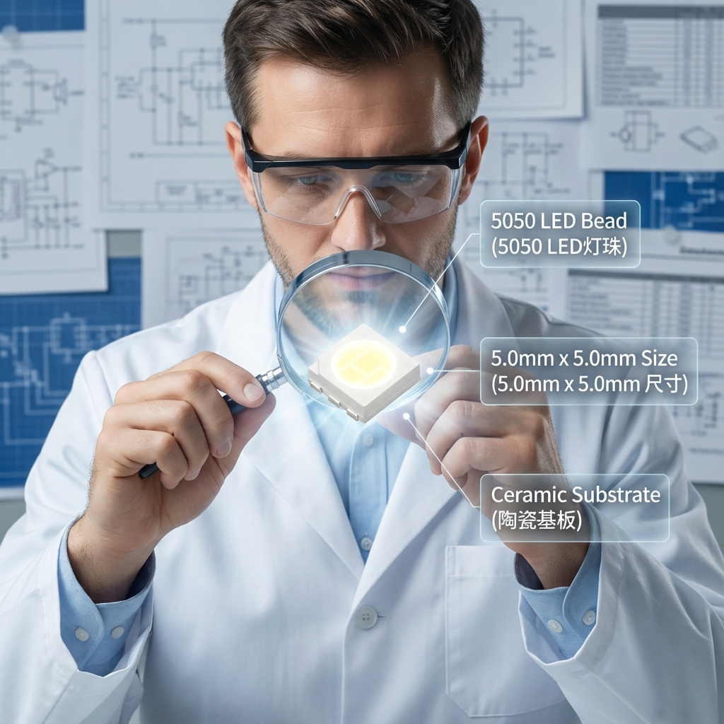 产品经理专注观察5050陶瓷白光LED灯珠,背景是模糊的工程图纸与标注,展示高端照明元件的精密与工业美感