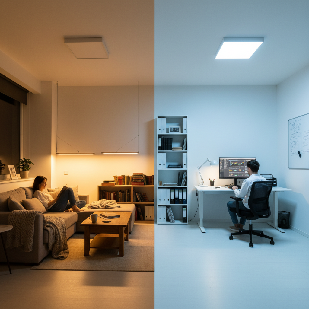 房间一半被暖黄光（约3000K）照亮，一半被冷白光（>5300K）照亮，对比不同色温对氛围的影响。