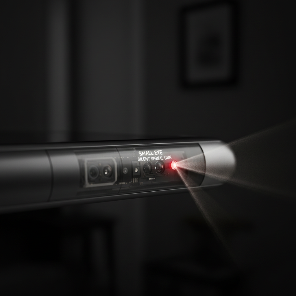 特写镜头下的微型红外识别灯珠，它嵌入智能设备中，发出人眼不可见的红外光束，背景黑暗，突显其在黑暗中“看见”世界的能力，如同设备的“小眼睛”和“无声信号枪”。