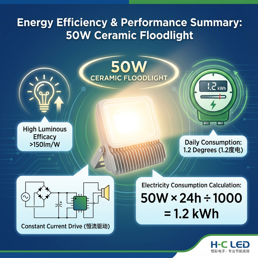展示5050陶瓷灯珠电能效率与耗电情况的信息图,强调高光效(>150lm/W)和实际耗电计算(50W灯珠日耗1.2度电)。
