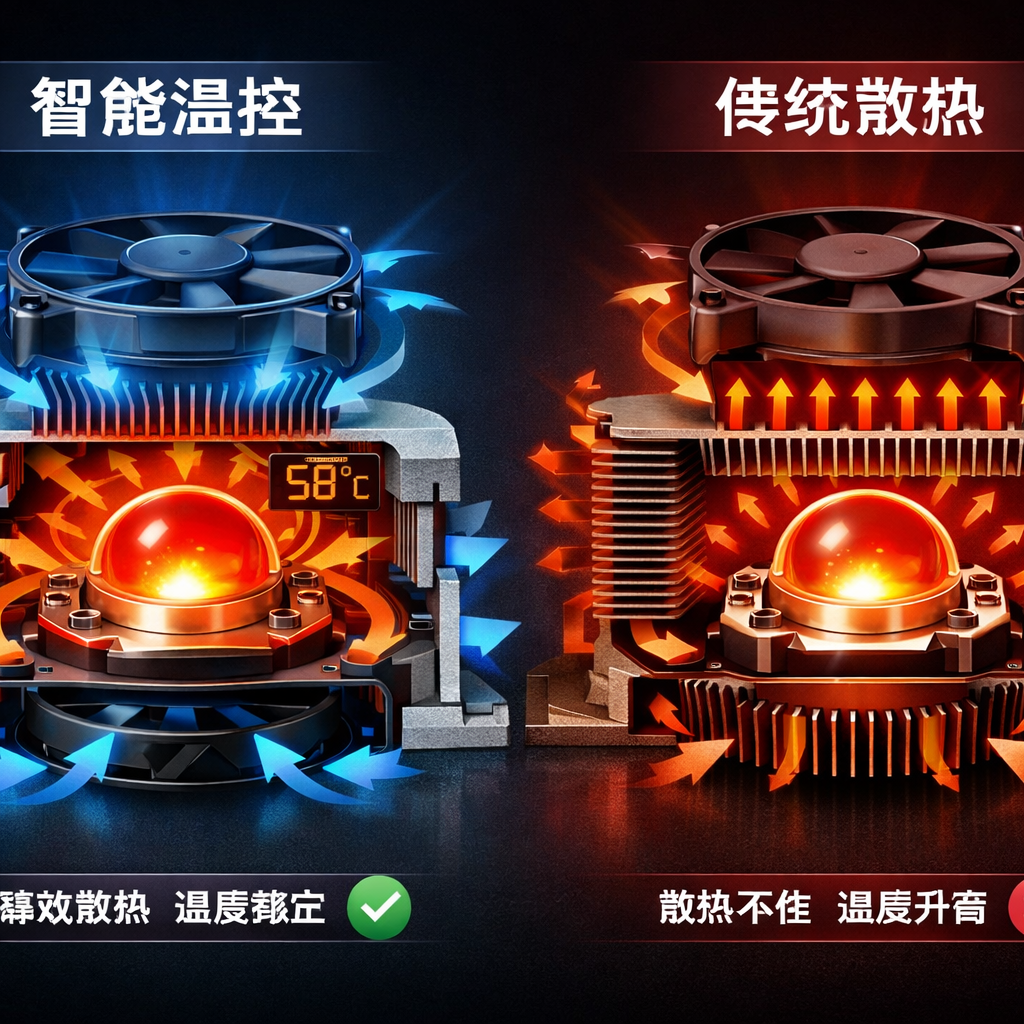 智能温控红外灯珠散热系统对比图，展示智能温控灯珠被散热系统包裹，红外线以热量形式发散，温度传感器实时监测并驱动风扇调节转速，鳍片结构清晰可见，高效散热，对比传统散热突出其优势。