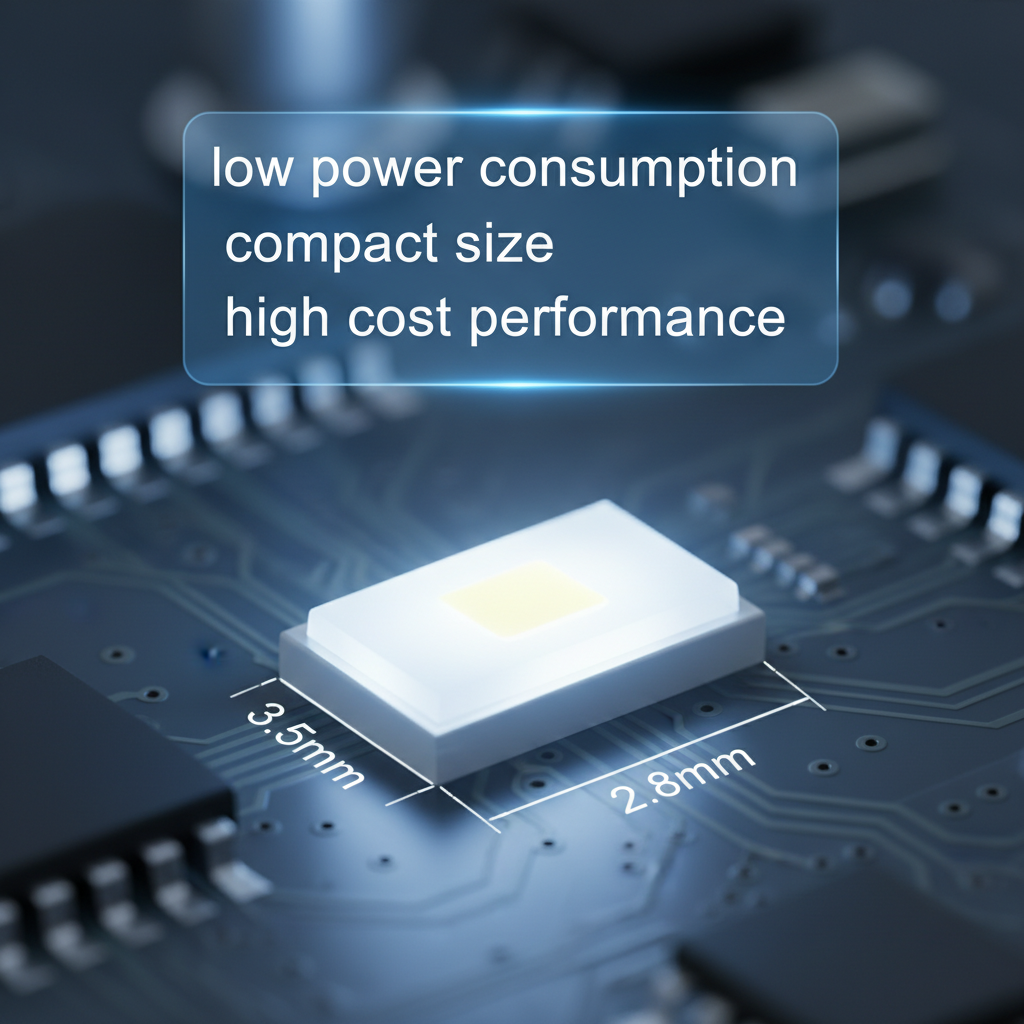 微距视角下的3528白光LED灯珠，发出柔和白光，突出低功耗、体积小、高性价比等核心优势