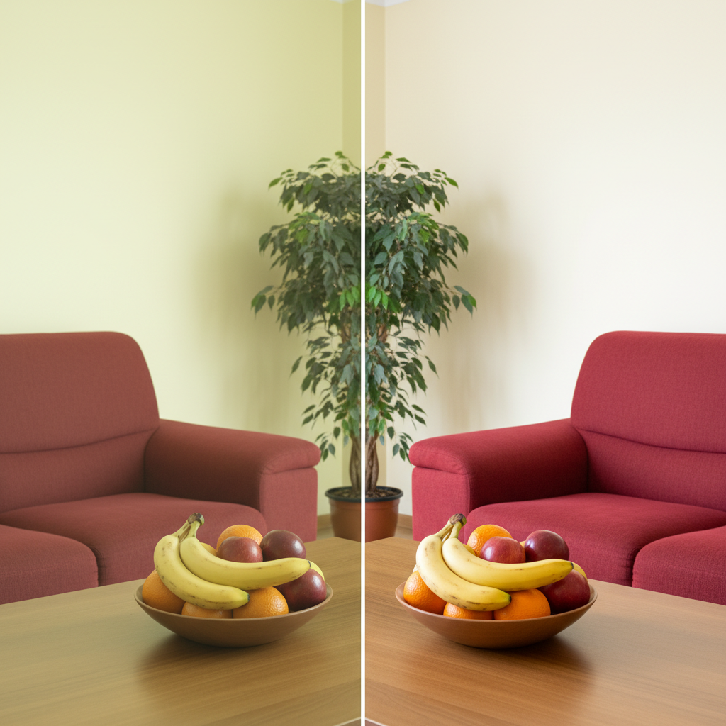 左右对比图:左侧显示光线昏暗、颜色失真的室内场景,物品色彩暗淡不自然;右侧是同一场景,光线明亮且色彩还原真实,物品鲜艳生动。