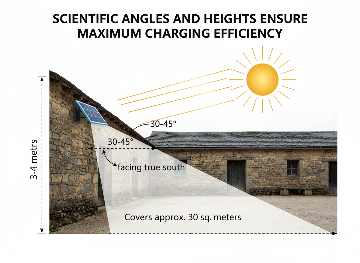 太阳能灯科学安装指导示意图：展示了太阳能灯安装在农村院墙上，高度3-4米，太阳能板朝向正南，倾斜角度30-45度，阳光无遮挡直射，下方光线均匀覆盖地面。