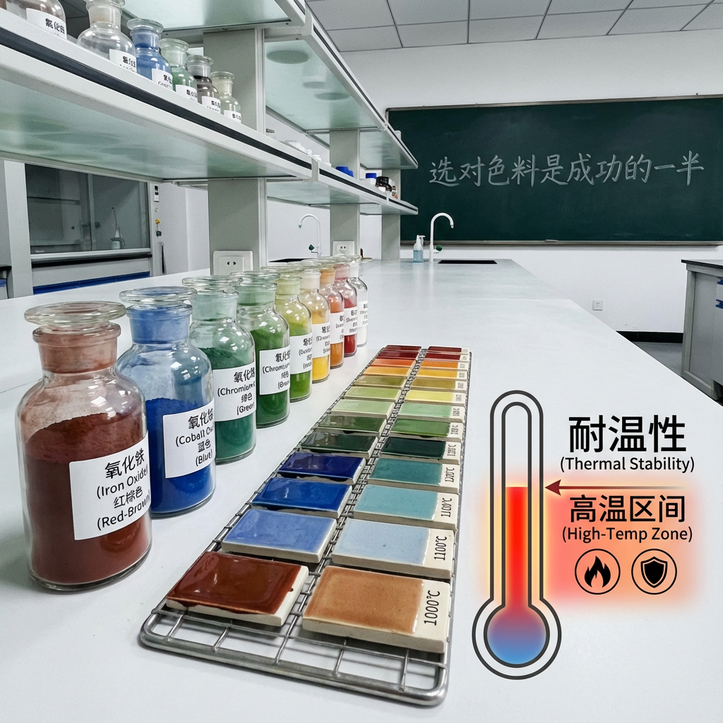 展示陶瓷色料分类与物理化学性能的视觉化场景。画面左侧是几个透明的实验室玻璃瓶，分别盛放着粉末状的氧化铁（红棕色）、氧化钴（蓝色）和氧化铬（绿色）等基础色料，瓶身上贴有专业的化学名称标签。画面右侧则是这些色料在不同烧制温度下的呈色样板。中间穿插一个示意性的温度计图标，指向高温区间，暗示文中提到的‘耐温性’和‘高温稳定性’。整体色调专业且严谨，呈现出实验室研发的氛围，体现‘选对色料是成功的一半’。
