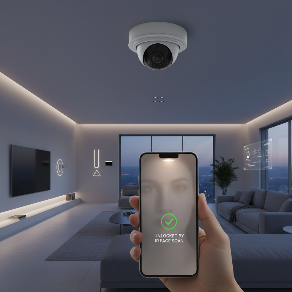 一颗5050陶瓷红外IR940NM灯珠巧妙融入智能家居环境,摄像头隐蔽无红光,手机红外感应解锁,展现其“隐形”科技感和在日常生活中无处不在的作用。