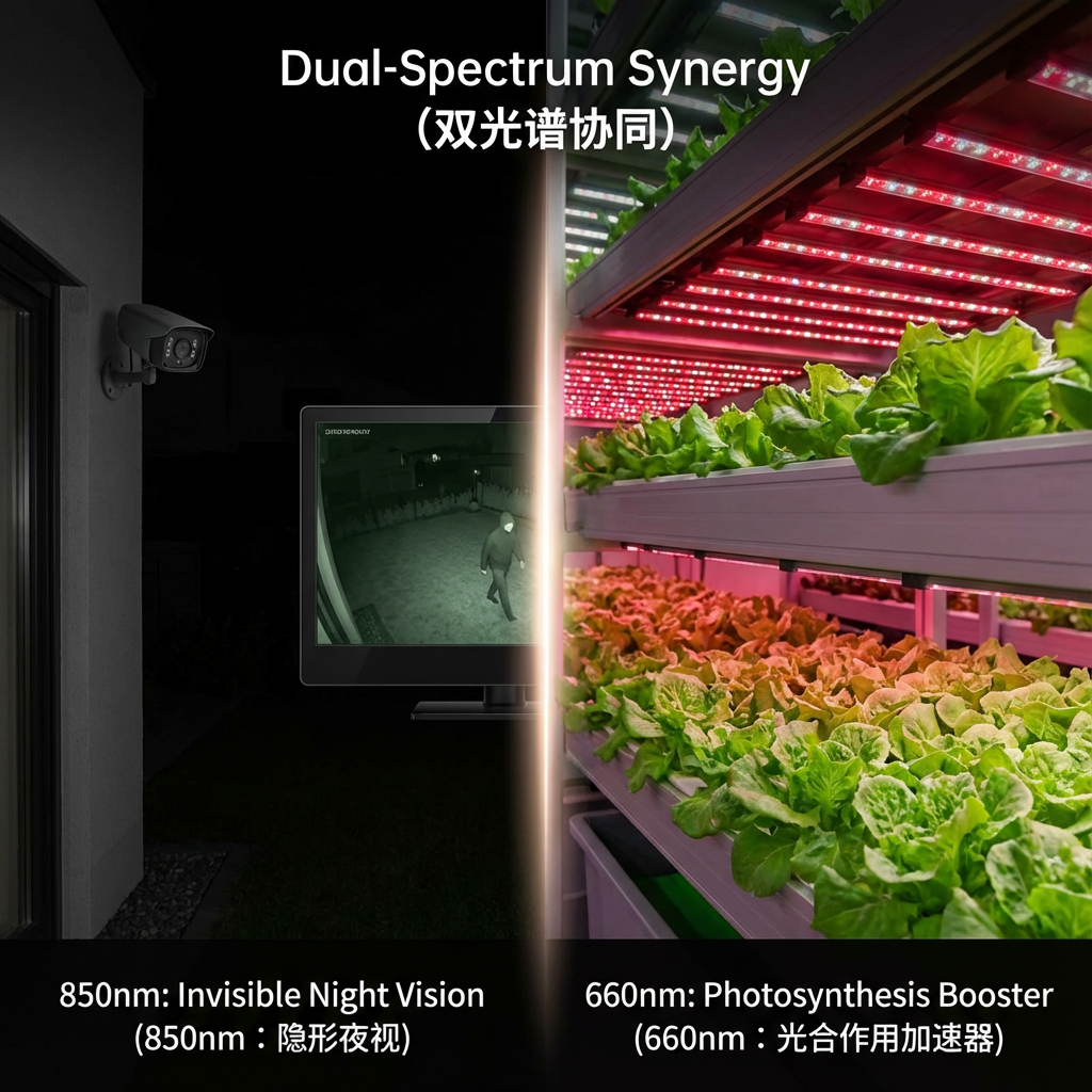 850nm红外光与660nm深红光双重应用场景对比图，左侧展示850nm红外夜视安防监控，右侧展示660nm深红光促进植物生长的智慧农业场景，体现双光谱协同优势。