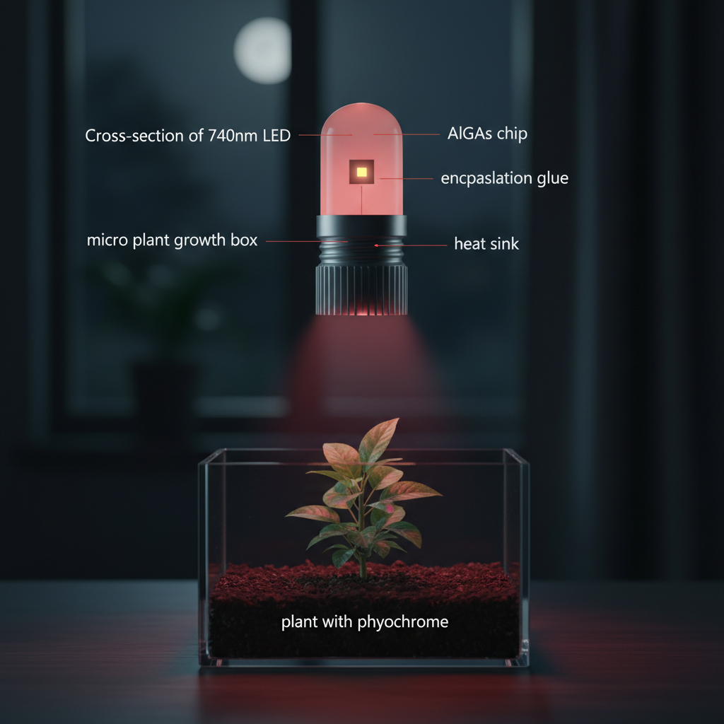 740nm LED灯珠剖面图与应用场景:展示AlGaAs芯片、封装胶水、散热支架等关键部件,以及灯珠在迷你植物生长箱中发出微弱红光,照亮含有光敏色素的植物。