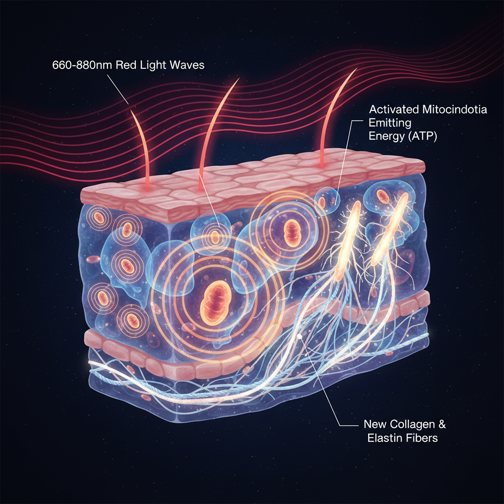 科学插画描绘660-680nm红光穿透皮肤,激活线粒体,刺激胶原蛋白和弹性纤维生成,象征皮肤修复与年轻化。