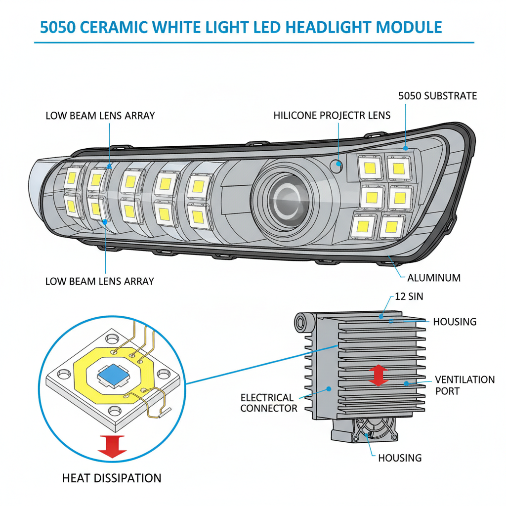 5050陶瓷白光LED灯珠在汽车远近光大灯模组中的应用剖面图，展示阵列排布、透镜光型控制及陶瓷封装优势。