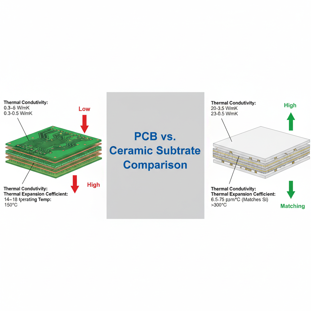 传统FR-4 PCB板与氧化铝陶瓷基板的性能对比图,展示陶瓷基板在热导率、热膨胀系数和最高工作温度方面的显著优势。