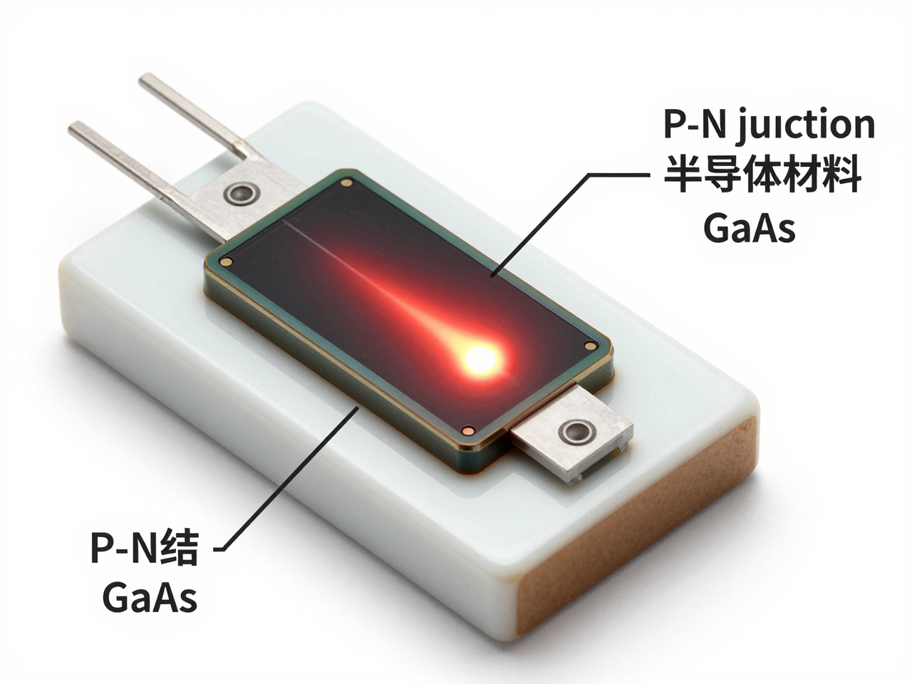 红外LED灯珠的内部结构示意图，展示了半导体晶片、PN结、金线连接以及外部封装透镜等关键部件。