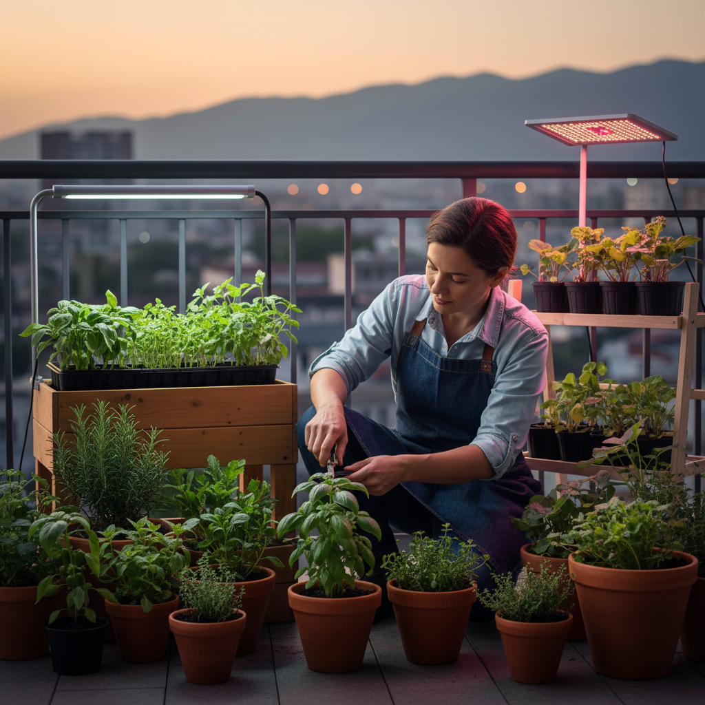 一位园艺爱好者正在阳台照料盆栽,旁边亮着全光谱和红蓝光两种植物灯,暗示着选择的困惑