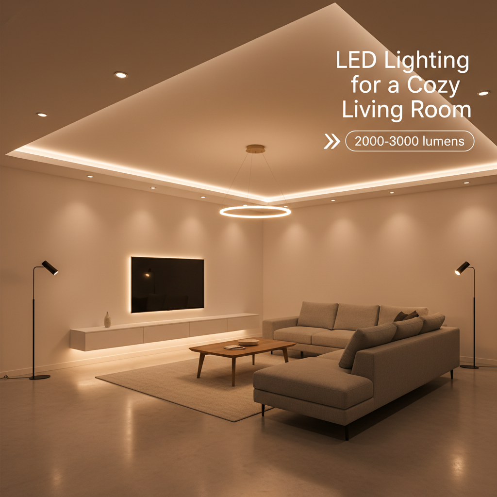 一个明亮舒适的客厅,展示了现代LED照明系统,并通过图示说明了15平方米的客厅推荐光通量为2000-3000流明。