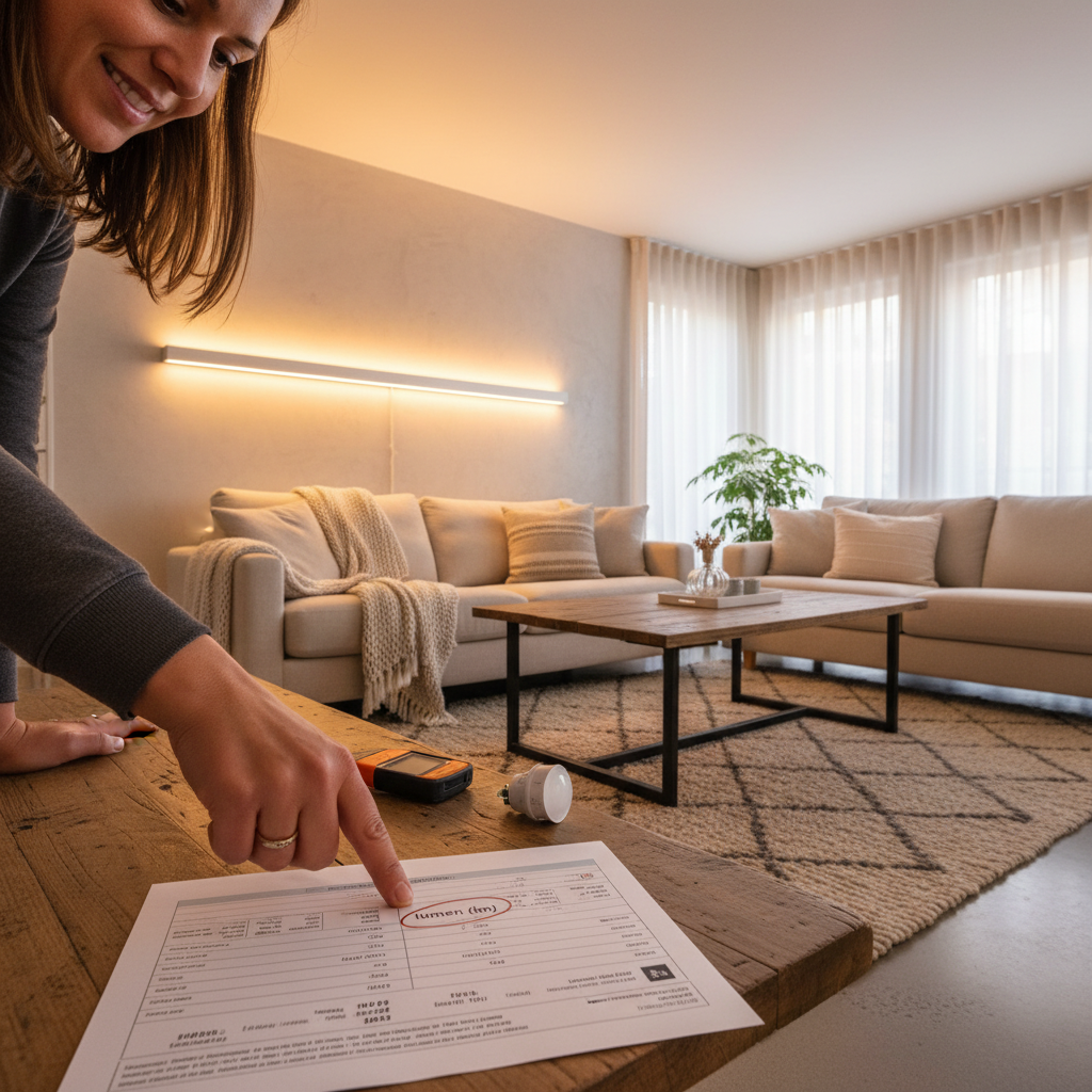 一个人正在查看流明图表,并为她的家选择合适的LED灯泡。