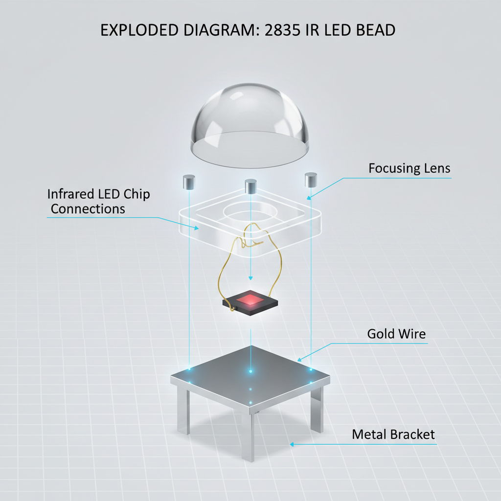 2835透镜封装红外LED灯珠的拆解图,展示了红外LED芯片、金属支架、金线连接和透明聚焦透镜等核心组件及其协同工作原理。