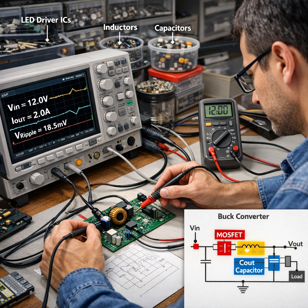 工程师使用示波器和万用表测试Buck开关模式驱动电路，确保高效与稳定