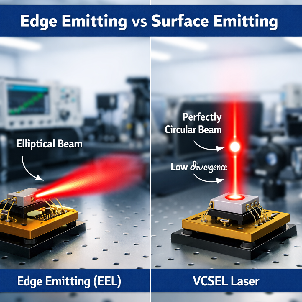 对比图展示了传统边发射激光器（EEL）与VCSEL激光器出光方式的区别，VCSEL从顶部发出完美的圆形光束。