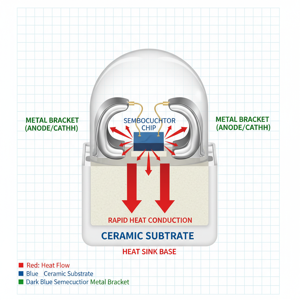5050陶瓷红外IR1050NM灯珠内部结构剖面图,清晰展示陶瓷基板作为“散热器底座”的作用,芯片热量通过陶瓷基板快速传导,并用箭头示意热量传导方向。