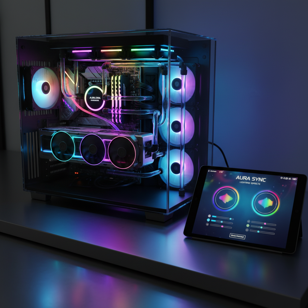 未来感DIY电脑主机内部,主板、显卡、风扇、内存条等硬件应用ARGB灯效,展现彩虹流光和音乐律动效果,并展示玩家通过软件控制灯效的界面