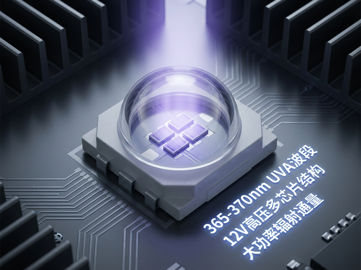 一张展示365-370nm高压大功率UVLED灯珠核心构造的微距摄影图。画面中心是一颗封装精美的陶瓷基板灯珠，透明的石英透镜下清晰可见4个小芯片呈2x2矩阵排列（体现12V高压串联技术）。灯珠正发出幽深而纯净的淡紫色紫外光，光束汇聚且富有质感。背景是深灰色的金属工业风格，侧边带有科技感的文字标注：'365-370nm UVA波段'、'12V高压多芯片结构'、'大功率辐射通量'。整体色调偏冷，强调产品的精密性与高性能。