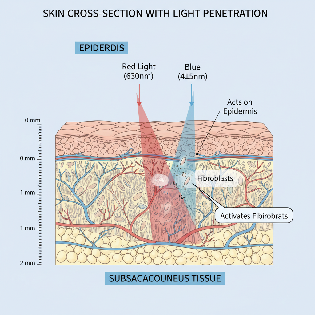 皮肤横向剖面图，红光和蓝光分别穿透不同深度，展示光线作用于皮肤各层级和细胞靶点的机制。
