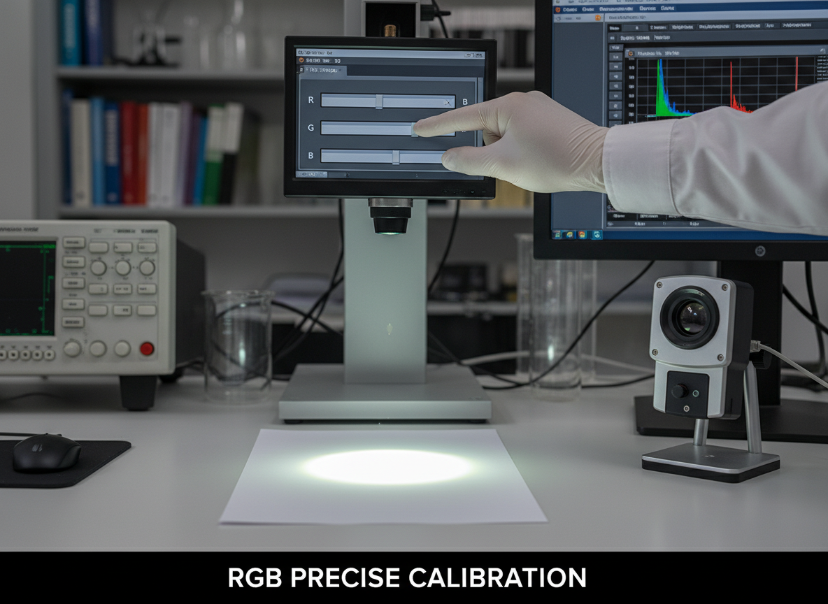实验室环境下的技术校准场景。一只手正在操作调色软件的R、G、B三个滑动条，光束照射在前方标准白纸上，展示从带有偏色的白光通过精确比例调整后变为纯净亮白色的过程，旁边放着专业的色度计。标注文字：RGB Precise Calibration.
