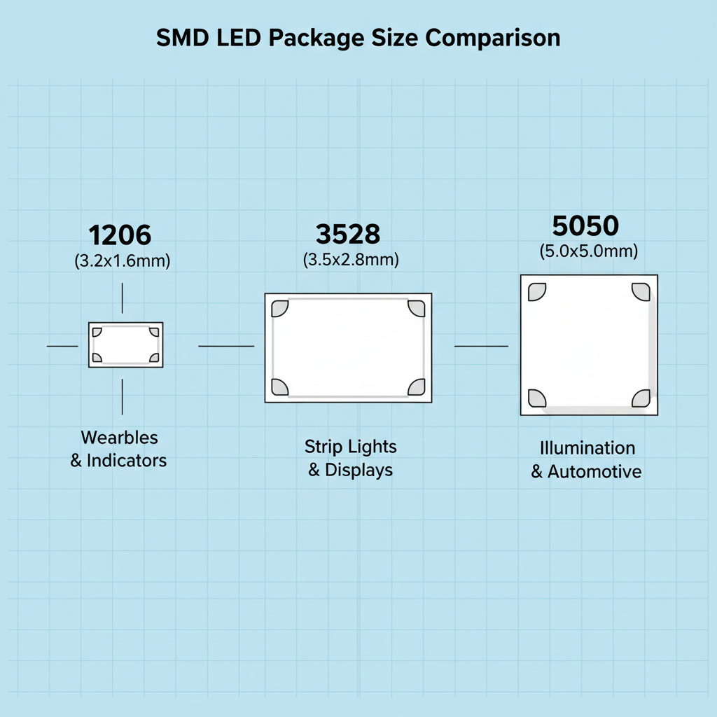 一张信息图,并排比较了1206 (3.2x1.6mm)、3528 (3.5x2.8mm) 和 5050 (5.0x5.0mm) 三种常见SMD LED封装的相对尺寸和形态。
