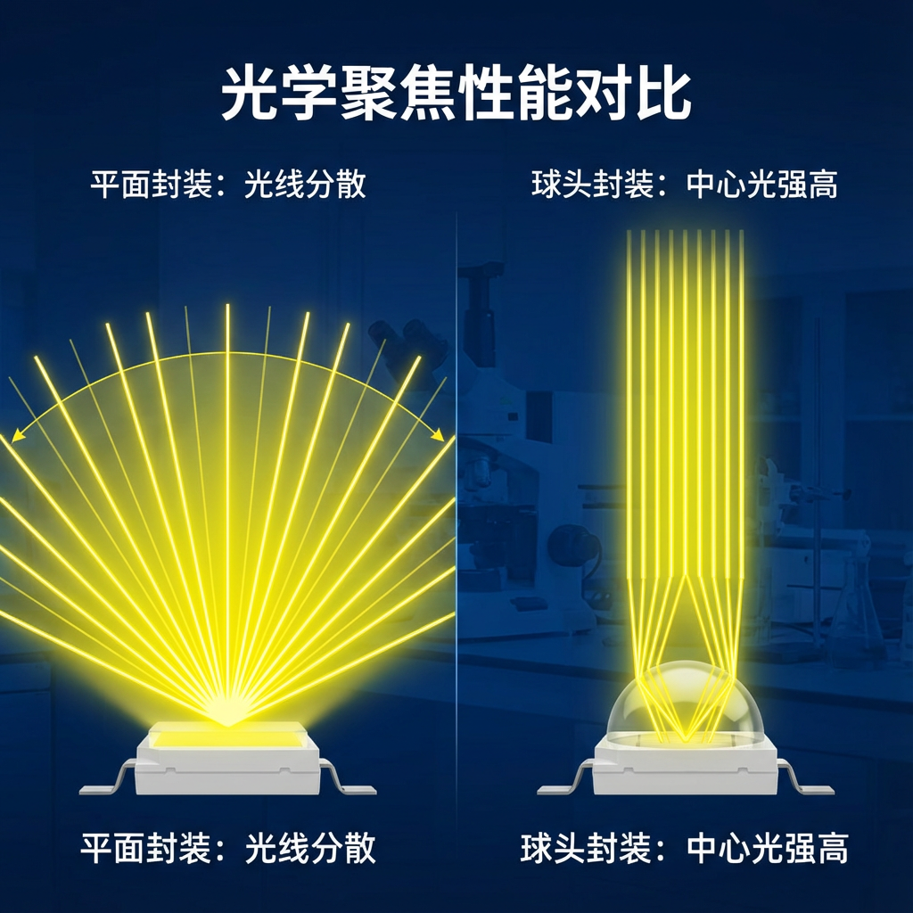 光学聚焦性能对比示意图，左侧平面封装LED光线发散，光束角宽；右侧3535球头灯珠光线聚焦，形成窄而明亮的平行光束，中心光强高。背景为深蓝色实验室环境，用黄色线条表示光路。