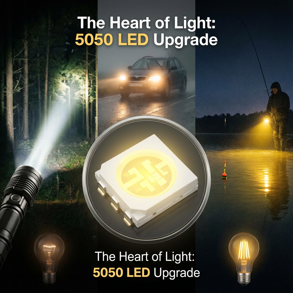 图片展示了5050暖光LED灯珠作为灯具“心脏”的特写,背景是强光手电筒在森林中、汽车大灯在雨雾中以及夜钓灯在湖边的应用场景,对比呈现旧灯珠的暗淡与新LED灯珠的高亮度效果,突出文章主题“手电筒、汽车大灯和夜钓灯的升级与核心”。